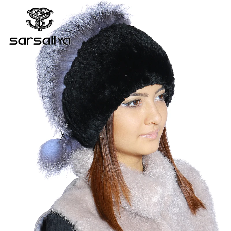 SARSALLYA Зимой меховая шапка для женщин реального рекс кролика с silver fox меховой