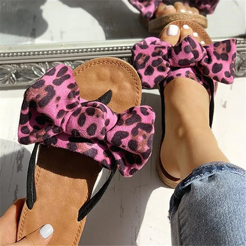 Тапочки с бантом; женские летние сандалии; домашние тапочки; льняные Вьетнамки; пляжная обувь; женская модная обувь с леопардовым принтом и цветочным принтом