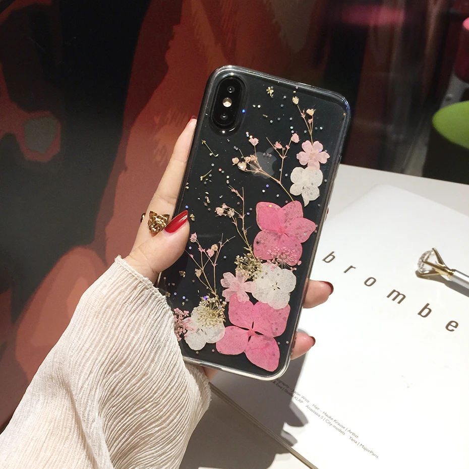 Qianliyao настоящие сухоцветы чехол s для iPhone X XR XS Max 6 6S 7 8 plus 11 Pro Max чехол для телефона Роскошный Блестящий Мягкий ТПУ чехол