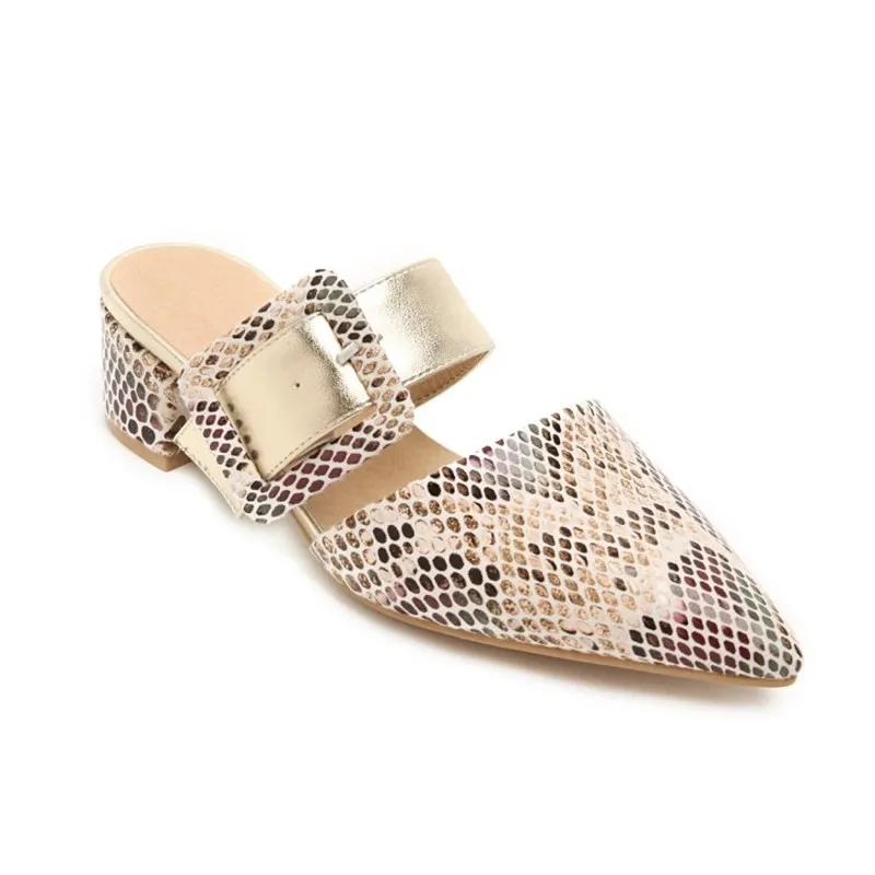 

Women Slippers Mules Med Heels Patent Leather Pointed Toe Buckle Thick Heel 2019 New Sexy Fashion Outside Casual Big Size34-48