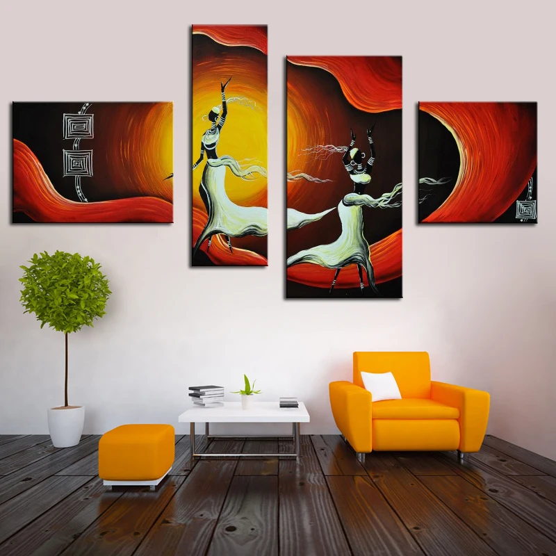 Африканская танцевальная группа 4 панели холст искусство абстрактная