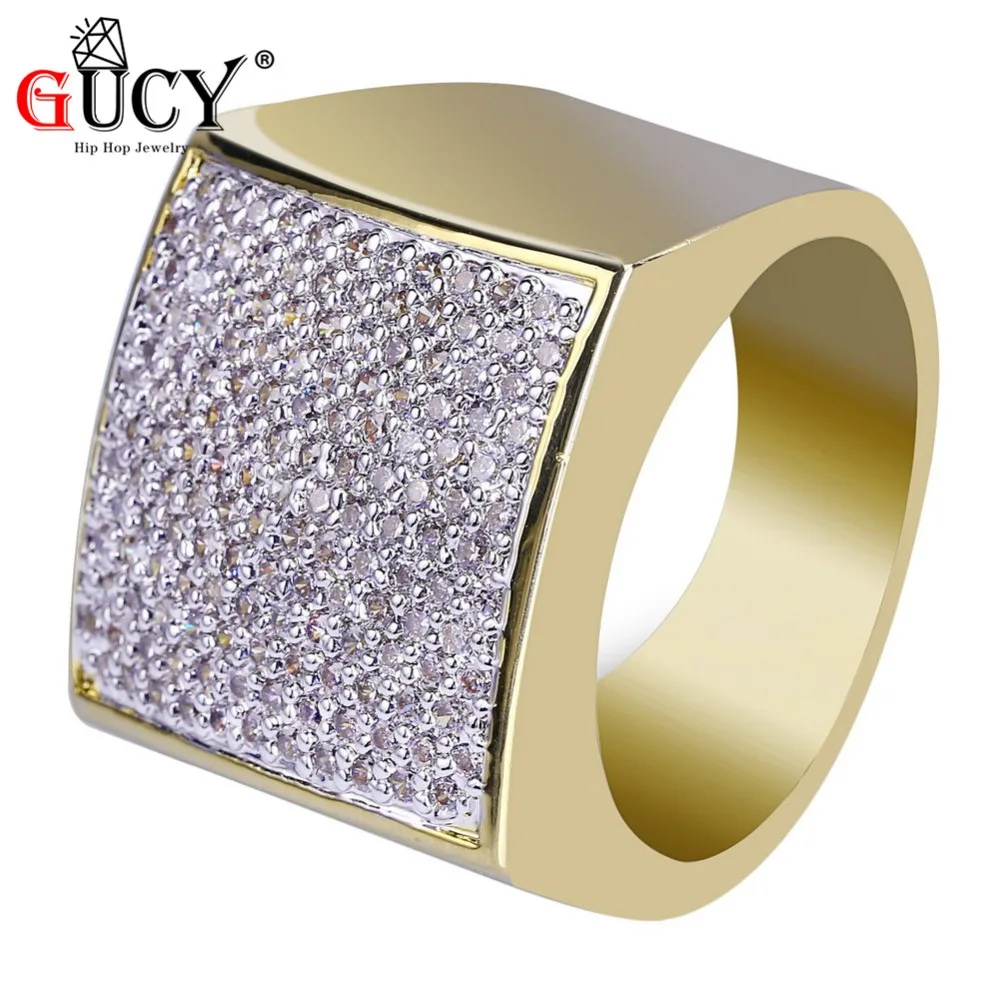 GUCY Gold Color Plated Heavy Rings All Iced Out Hip Hop Wedding Engagement Bling Micro Pave CZ Square Pinky Men's Ring