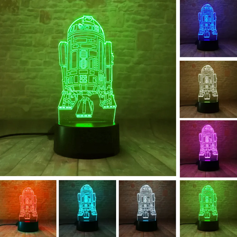 Новинка 3D Звездное видение R2D2 Wars Rocket Ночная лампа USB Touch 7 цветов градиентное