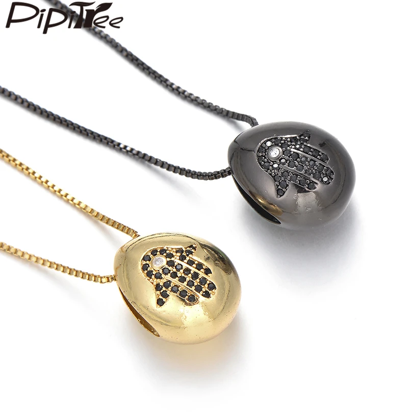 Pipitree Black CZ Zircon Hamsa Hand Pendant Necklace Women Men's Fashion Egg Water Drop Shape Statement Necklaces Jewelry Collar |