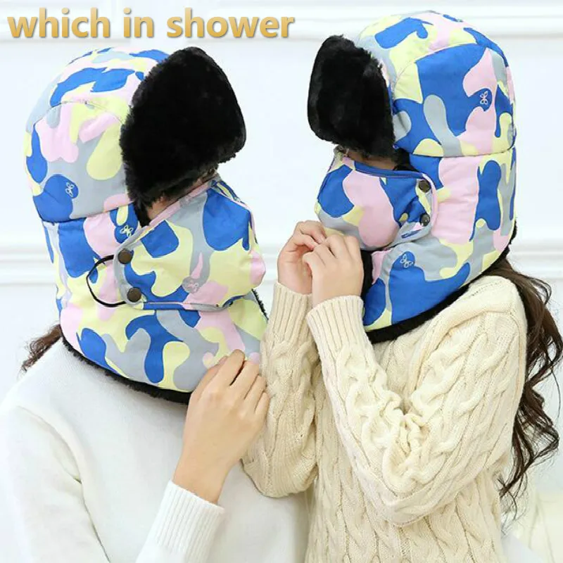 

camo bomber hat for women girl thickened neck warmer winter hat scarf mask ear flap cap men outdoor windproof earflap cap gorras