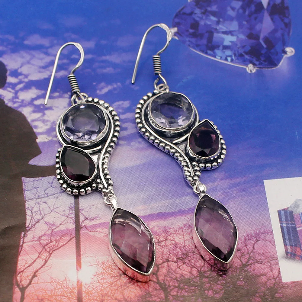 Gushing Vintage Purple Amethyst925 Sterling Silver Color Dangle Earring Women Jewelry Free Shipping 2 7/8 INCH TF489 | Украшения и