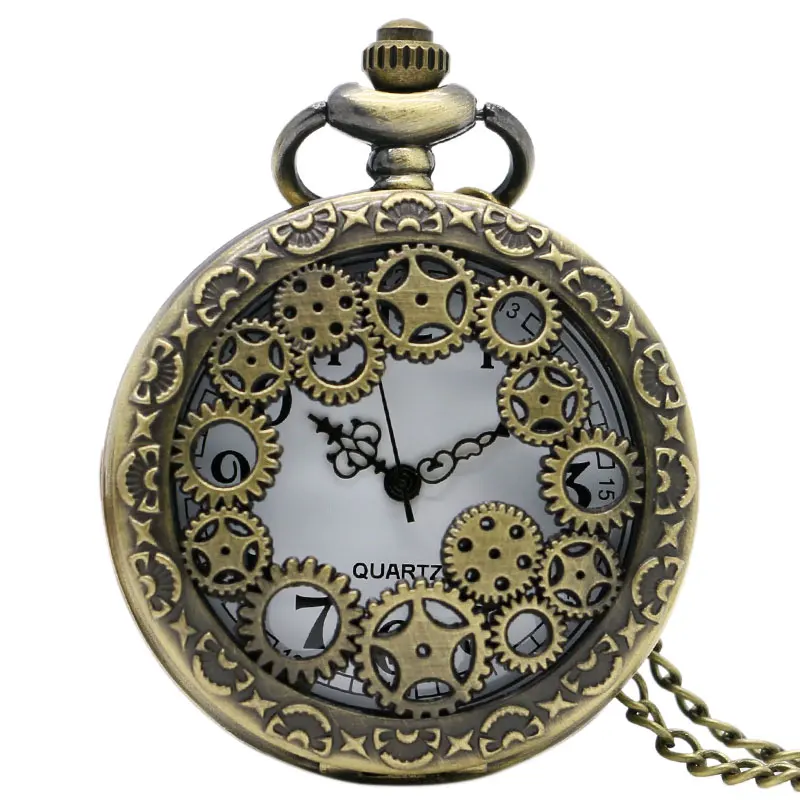 

Vintage Bronze Hollow Gears Case Quartz Pocket Watch Men Women Necklace Pendant with Chain Clock reloj de bolsillo Gifts P382