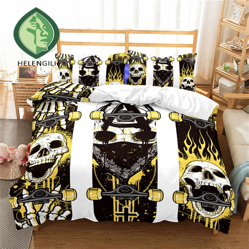 

HELENGILI 3D Bedding Set Skate skull Print Duvet cover set lifelike bedclothes with pillowcase bed set home Textiles #LX-24