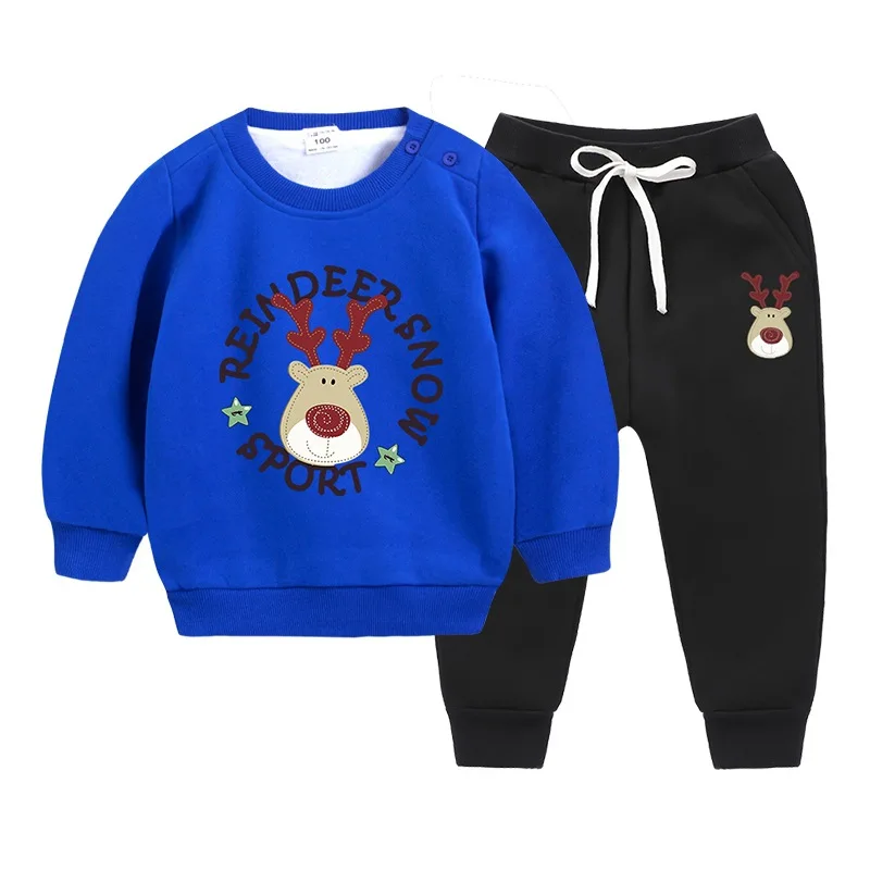 

Boys girls Winter Clothing Cartoon Printed Baby Long Sleeve Thicken Plus hair T-shirts + Trousers Sets toddler christmas outfit