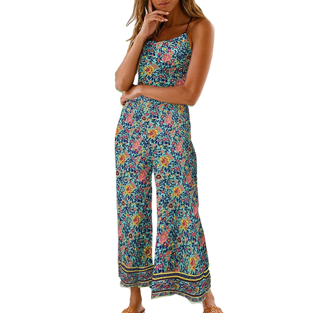 Summer Rompers Womens Jumpsuit Sexy Backless Spaghetti Strap Long Playsuit Wide Leg Pants Sleeveless Print Boho Beach Overalls | Женская