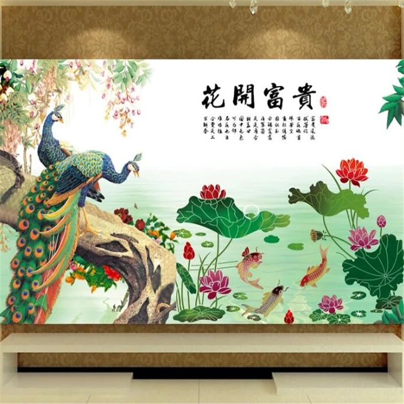 beibehang Custom wallpaper 3d photo mural flower open rich peacock living room decoration papier peint TV background wall paper |