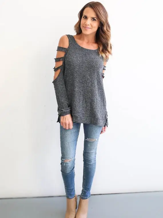 2017 Сексуальные Женщины С Длинным Рукавом Плеча Выдалбливают О Шеи футболка Тис