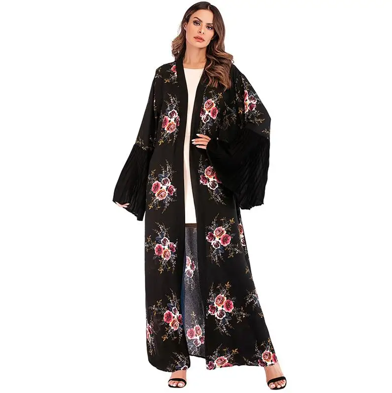 Black Cardigan Платье Дубая Арабская ислам длинное цветочное мусульманское кимоно кардиган платье хиджаб Катара ОАЭ Абая для женщин турецкий ислам ic одежда - Цвет: Black Cardigan