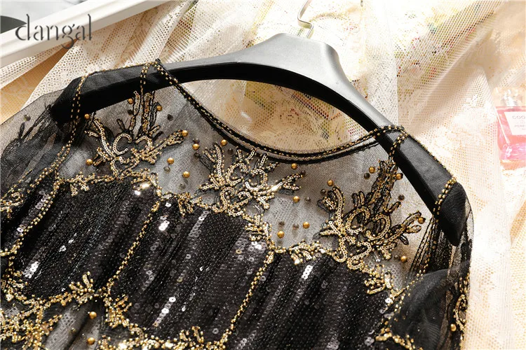 Dangal Sequin Luxury Women Dress Hip Hop Bling Heavy Beading Dress Women Dress Long Sleeve Sexy See-though Dresses For Party