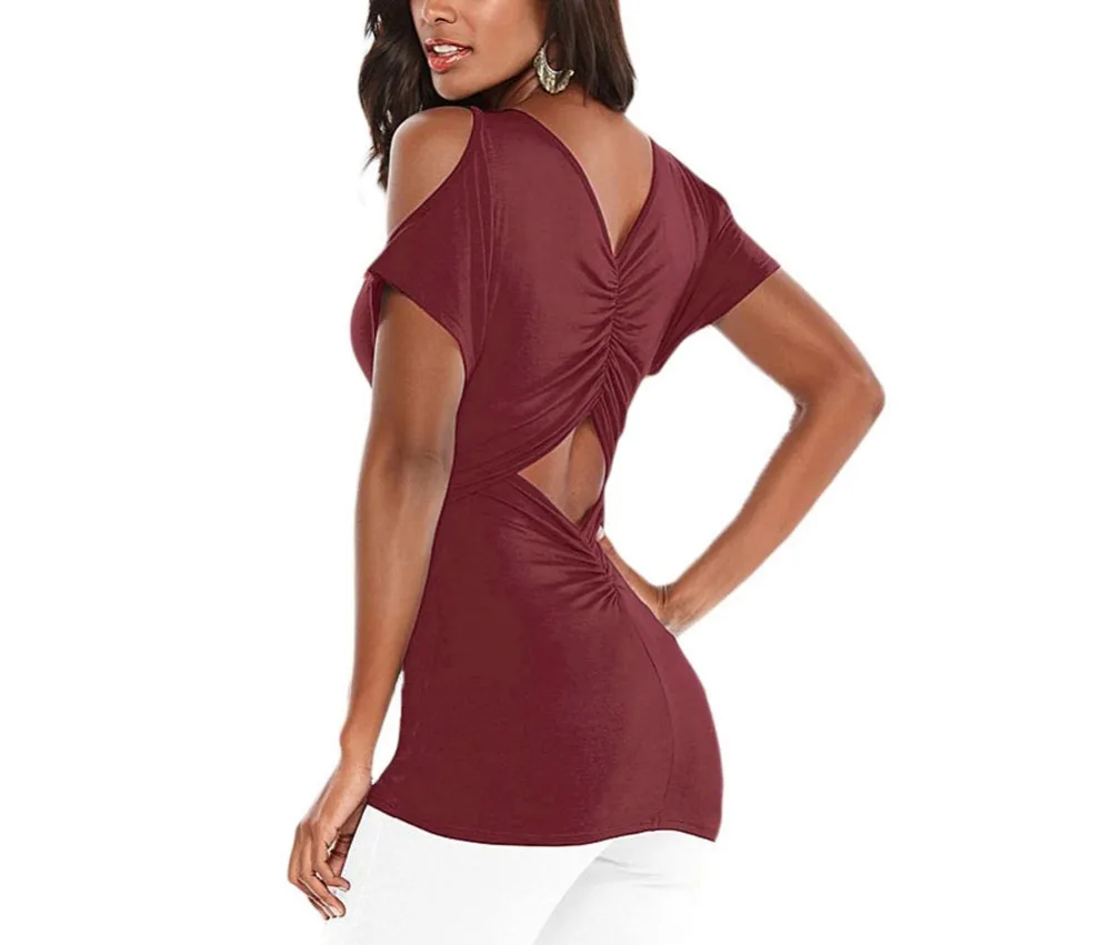 FGirl Для женщин футболка укороченный Топ Ruched открытой спиной Cold Shoulder Top Футболки