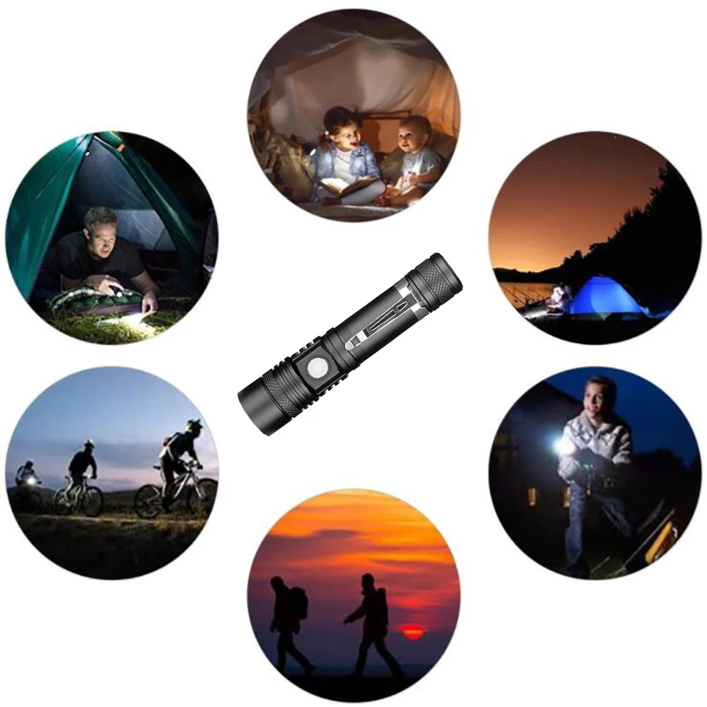 

Led Flashlight Zoomable Super Bright USB Rechargeable Led Torch 3 Modes High/Low/SOS for Camping Walking Night Working