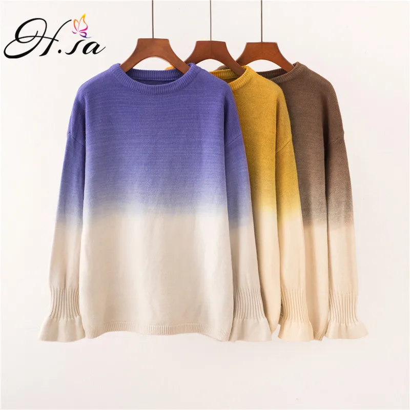 HSA 2018 Winter New Fashion Gradient Sweater Flare Sleeve Harajuku Pull Jumpers Blue Yellow Femme Korean pullover | Женская одежда