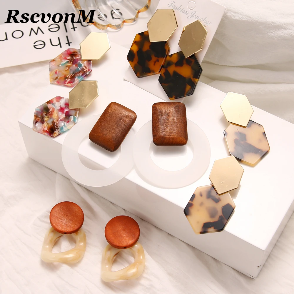 RscvonM Fashion Big Resin Drop Earrings For Women New Acetic Acid Large Korea Square Earrings Trendy Wood Geometric Jewelry