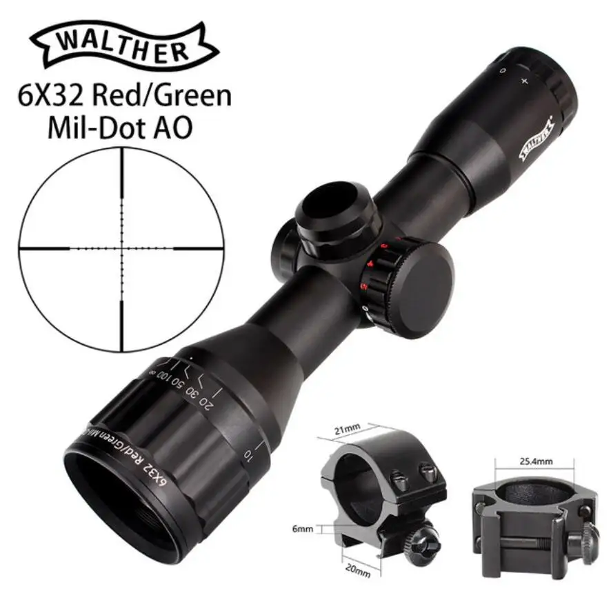 with picatinny ring3 WALTHER 6x32 AO мини Mil-Dot двойной цвет с подсветкой сетка охотничий прицел тактический оптический прицел - Цвет: with picatinny ring3