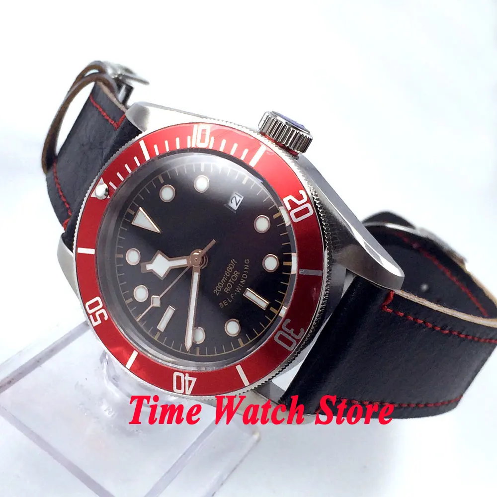 Часы мужские черные стерильные 41 мм с красной вставкой и сапфировым стеклом|watch