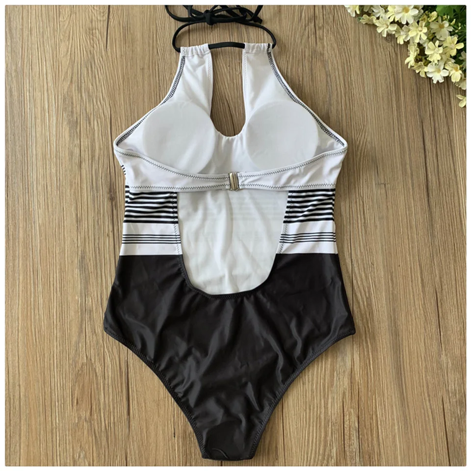 Женский купальник с открытой спиной черный и белый лоскутный пляжная одежда