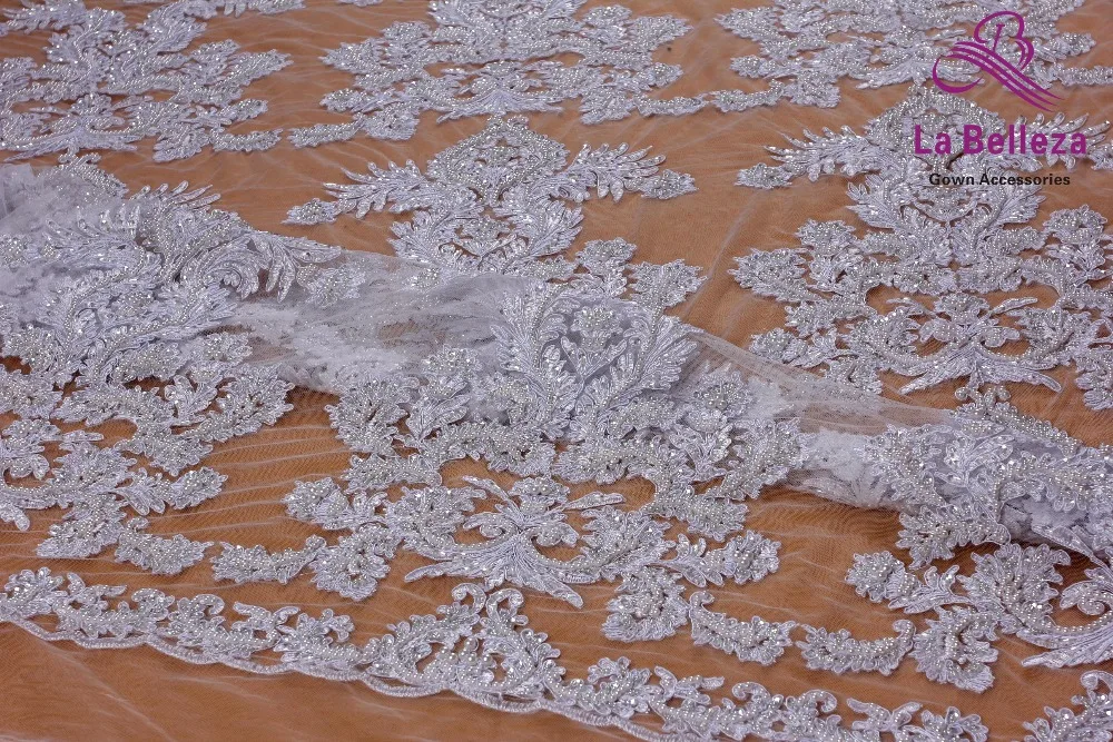 La Belleza pure white large pattern cord lace fabric heavy beaded fabric handmade beading lace gown lace fabric 1 yard