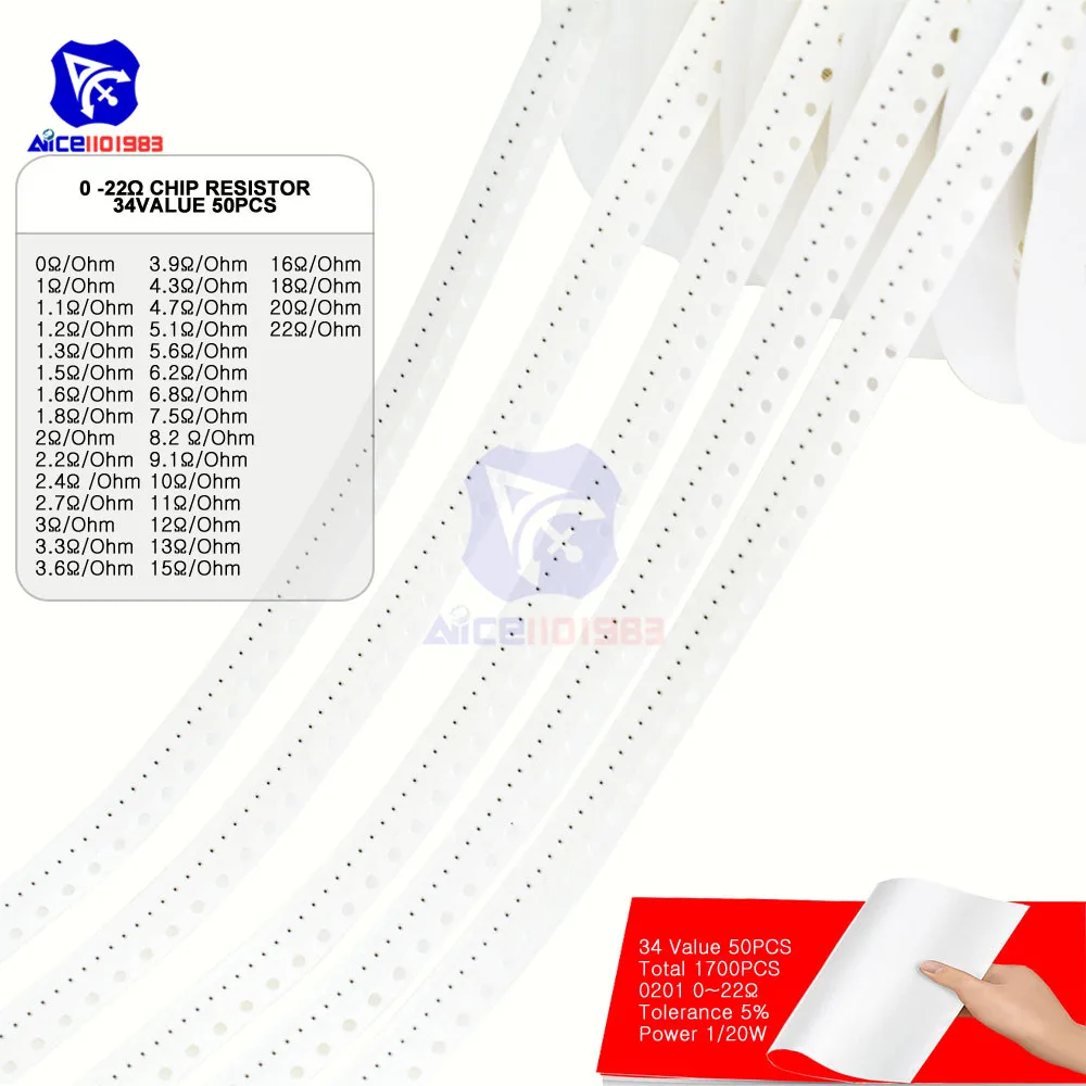 0201 чип SMD резистор 1700 шт./лот 34 значения 50 шт. 0R 10M Ом/ом 5% 1/20 Вт 0 05 Вт|Резисторы| |