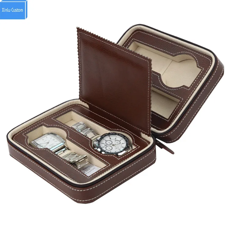 

Luxury Brown Zippered Leather Watch Travel Case Sport Storage Box Watch USA 4 Organizer Leather For Four Watches Velvet Lining