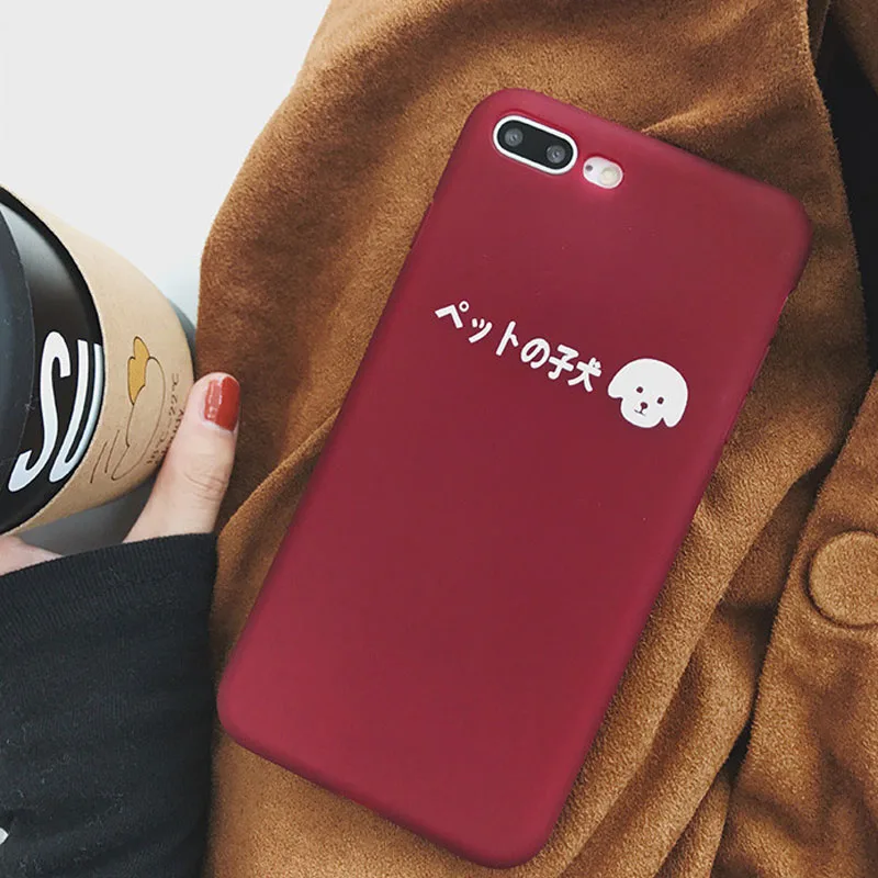 JiBan For iphone X Cute Japanese Letter Style Solid Color Case Dog and Cat Soft TPU Back Cover 7 8 6S Plus |
