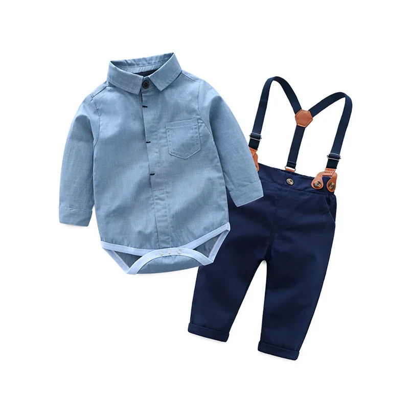 

0-3T newborn clothes set for boys baby clothing suit blue cotton overalls + Navy pants with belt handsome boys suit first gift