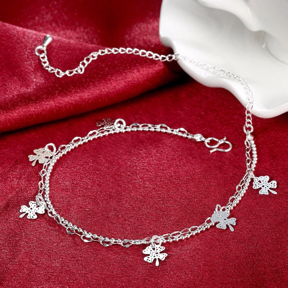 Женский браслет на ногу Lucky Green Посеребренная цепочка с изображением клевера и