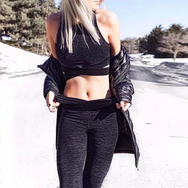 Kaywide Dark Gray Bandage Cross Waist Running Fitness Women Leggings Plus Size GYM Dancing Yoga Pants Push Up Sport Tights Capri |