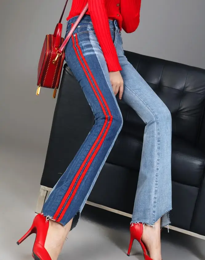 

Ladies Jeans Trousers Spring high waist Side Striped Fashion Flare Jeans ankle length Denim Pants