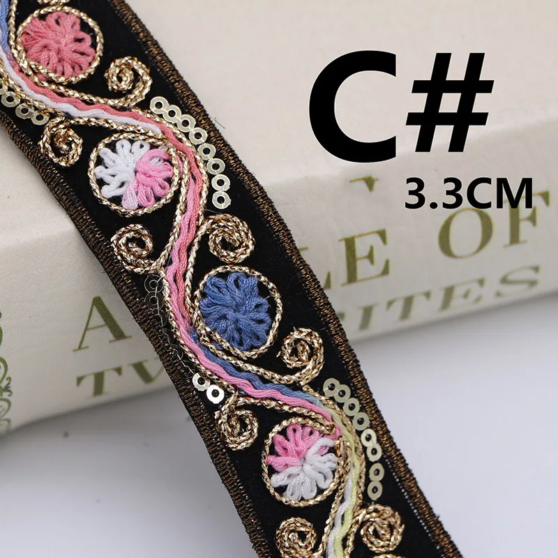C33mm 5 ярдов(4,5 м) Ретро Вышивка Блестками тесьма ленты кружева лента для одежды мешок декоративные кружевные планки DIY Швейные аксессуары - Цвет: C33mm