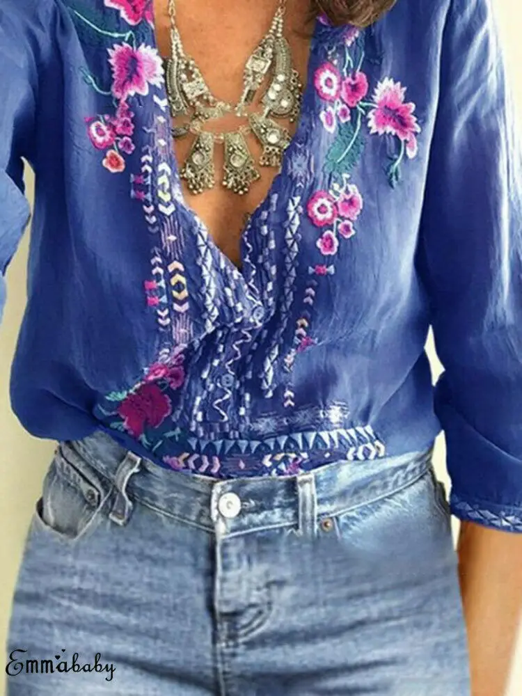 Новинка хит продаж большие размеры Boho женские летние топы с цветочной вышивкой