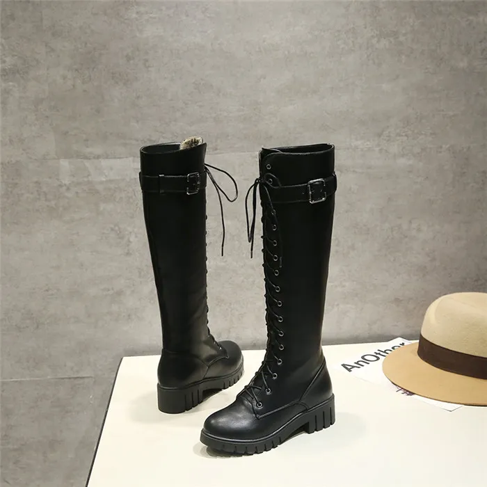 YMECHIC/женские черные ботинки в байкерском стиле; женские высокие сапоги до колена в жокейском стиле с пряжкой, шнуровкой и перекрестной шнуровкой; женская обувь; большие размеры