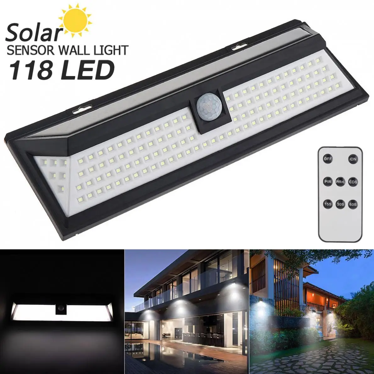 

118 LED 3 Modes Solar Wall Light PIR Motion Sensor Lamp Waterproof IP65 Infrared Sensor 270 Degree for Parks/Security Street