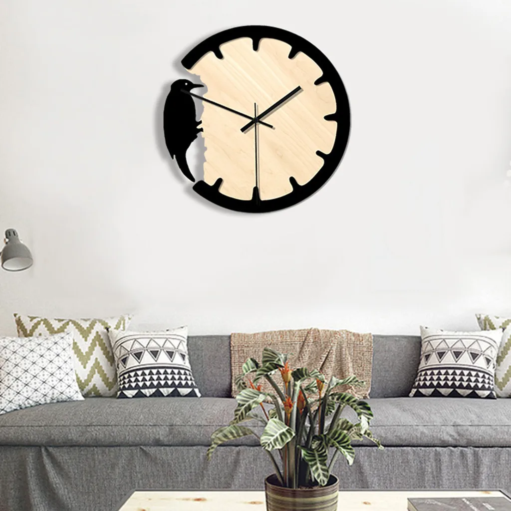 Clock Nordic Woodpecker Style Wall Clock Silent Wooden Home Living Room Modern Design Decorative Clock Special Offer 19jul11