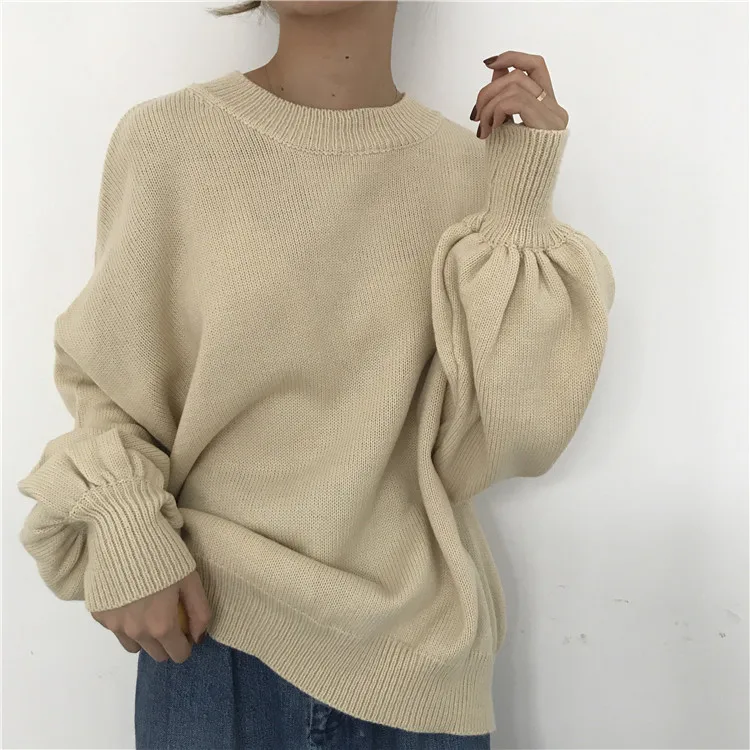 Korean Style Women Pullovers Sweater 2017 Winter New Retro Lantern Sleeves Loose Solid Color Round Neck Wild Knit Tops | Женская одежда