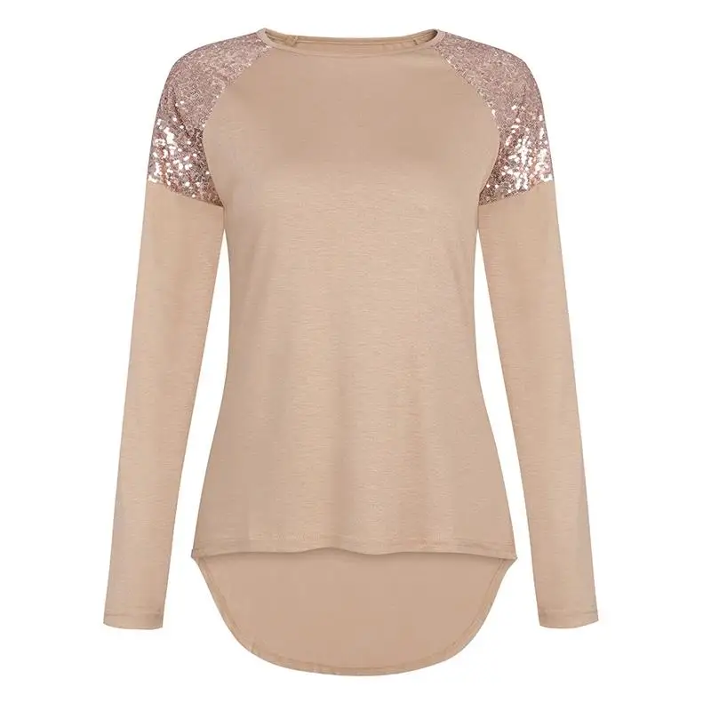 Модная Осенняя футболка для женщин топ с блестками круглый вырез Blusa длинным рукавом Женские топы женские футболки WS5024V