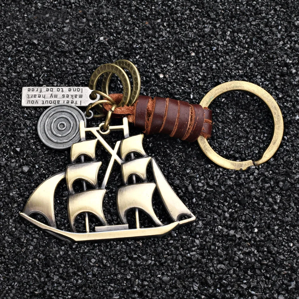 

2022 Charm Jewelry Vintage Handwork Weave Genuine Leather Sailboat Keychain Simple Alloy Accessories Men Key Chain