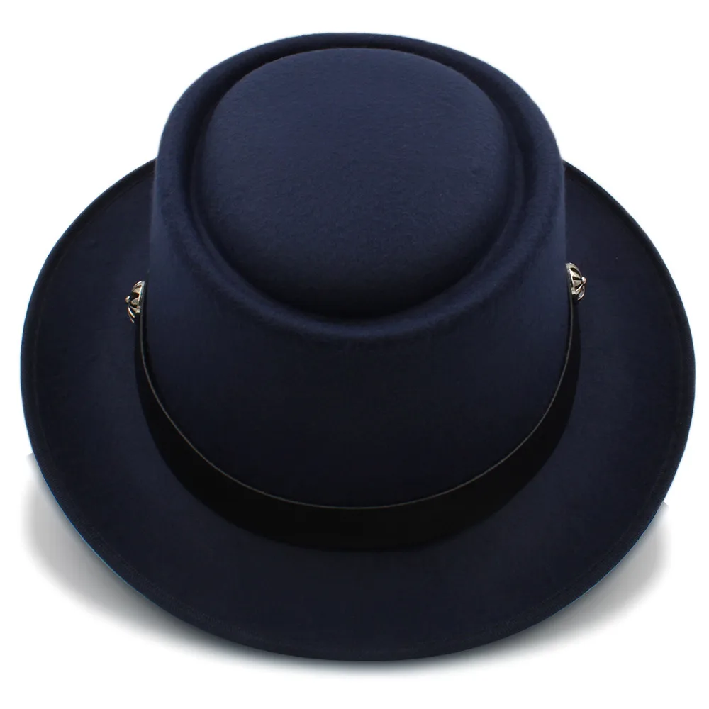 Dark Blue Женская и мужская шляпа из свинины для папы, шерстяная Осенняя плоская шляпа-федора для джентльмена, азарта, шляпы Трилби, размер 58 см - Цвет: Dark Blue