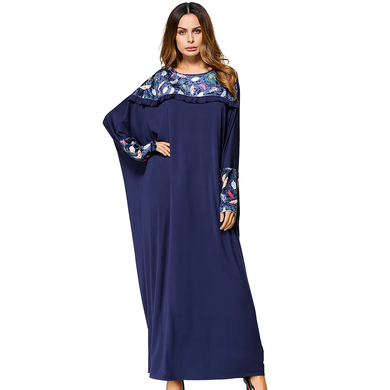 Женское платье Moslim abaya Дубай 2018 синее длинное рукав летучая мышь турецкое