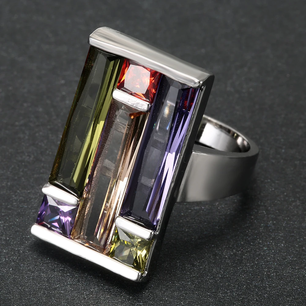 silver plated square ring for women fashion jewelry luxury design with green purple red yellow cz rings | Украшения и аксессуары