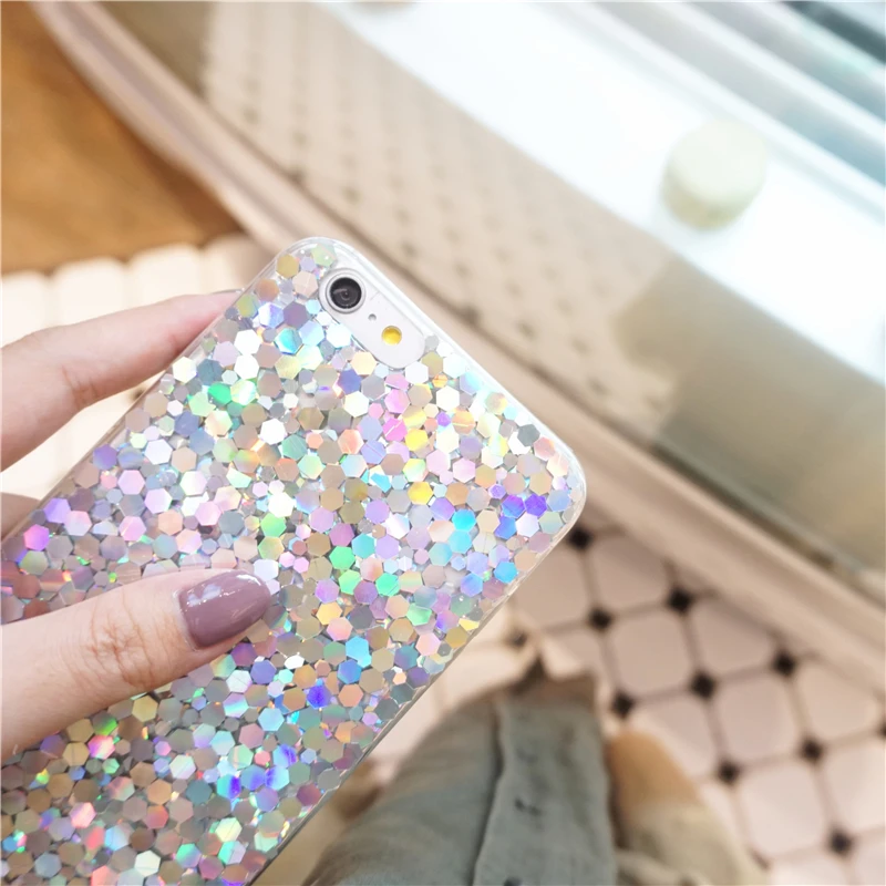 For iPhone X 10 Luxury Shine Pink Silicon Bling Sequins Soft TPU Case 5S SE 6 6s 7 8 Plus Back Phone Cover Capa Funda | Мобильные