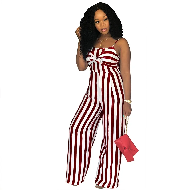 Plus Size Backelss Sexy Striped Spaghetti Strap Jumpsuit Womens Rompers Overalls Summer Bodysuit Stripe Bow Wide Leg Romper | Женская