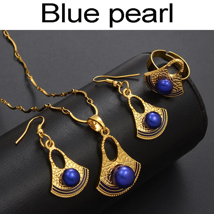 Blue pearl Anniyo, черный/красный/синий/белый/серый, ожерелье с жемчугом, серьги, кольцо для женщин и девочек, Национальный ювелирный набор#213506 - Окраска металла: Blue pearl