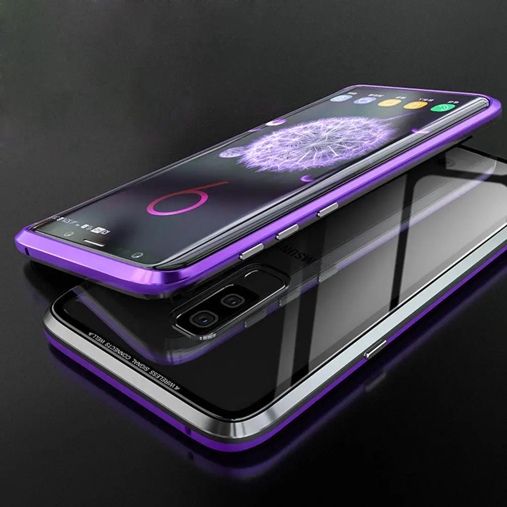 For Samsung Galaxy S8 S9 Plus Magnetic Absorption Temper Glass Back Metal Bumper Frame Case Cover |