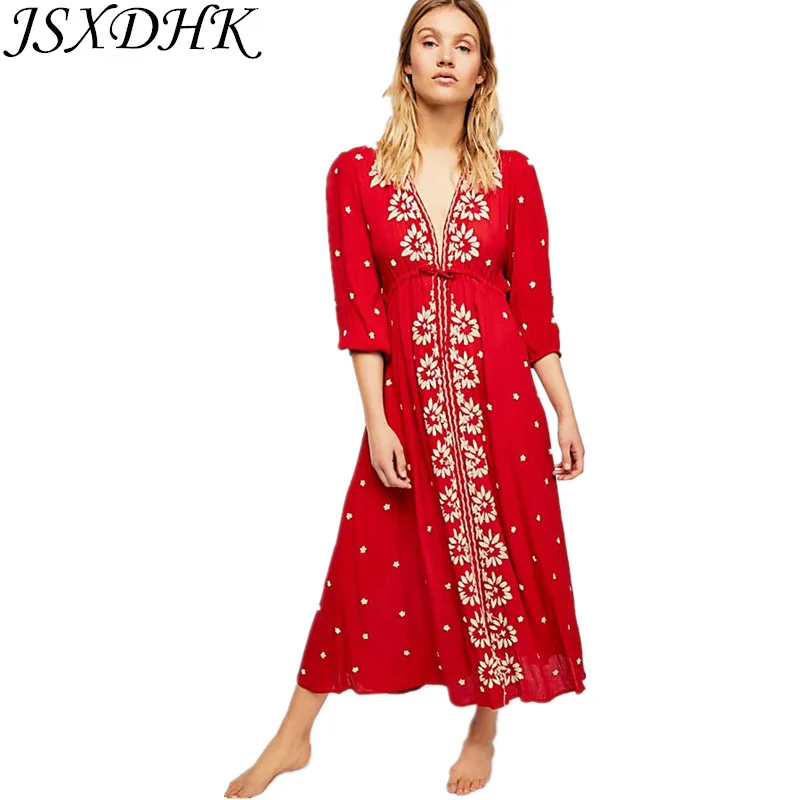 

JSXDHK Summer Women Holiday Long Dress 2021 Runway Sexy Deep V Neck Cotton Red Embroidery Floral Lady Boho Empire Beach Dress
