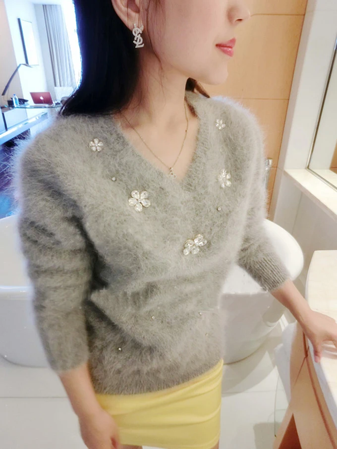 HAMALIEL Pink Knitting Sweater 2019 Autumn Winter Diamonds Beading Mink Cashmere Long Sleeve Casual Thick V Neck Loose Pullovers | Женская